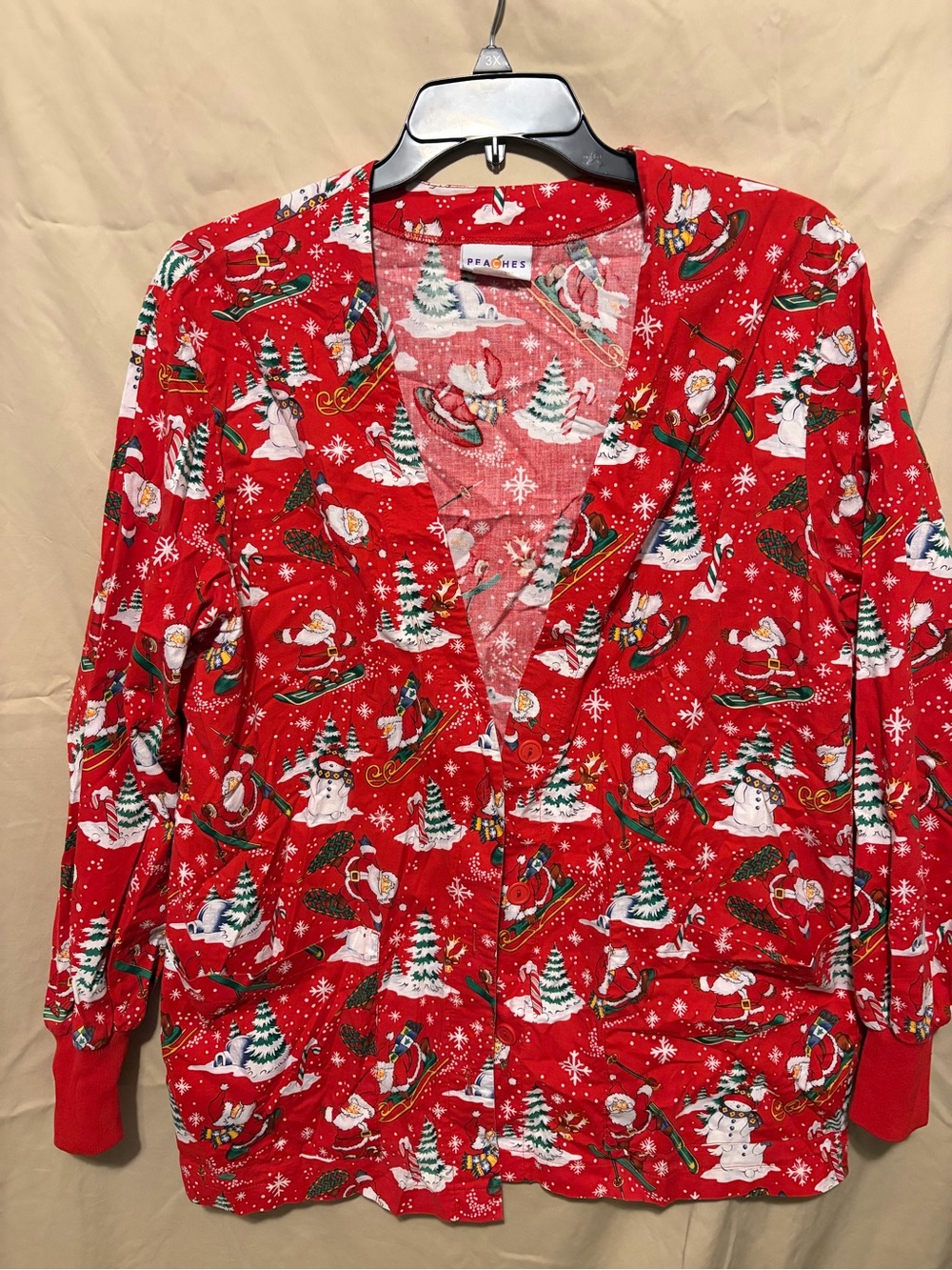 Peaches Uniforms Red Christmas Pajama Top with Santa & Snowman Print